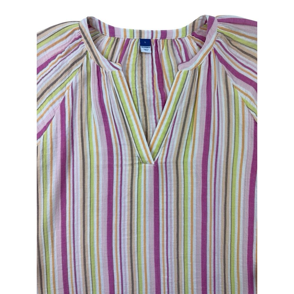 Old Navy Popover Blouse Pink Multi-Stripe Cotton Gauze LS Top Split Neck Large - Picture 7 of 13